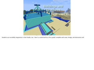 Buildings and
Structures
Students are incredibly imaginative in their builds, too. Here’s a castle built by a ﬁrst grader complete with moat, bridge, and decorative roof.
 