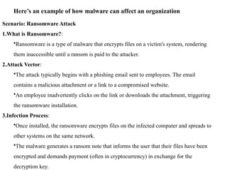 Here’s an example of how malware can affect an organization
Scenario: Ransomware Attack
1.What is Ransomware?:
•Ransomware is a type of malware that encrypts files on a victim's system, rendering
them inaccessible until a ransom is paid to the attacker.
2.Attack Vector:
•The attack typically begins with a phishing email sent to employees. The email
contains a malicious attachment or a link to a compromised website.
•An employee inadvertently clicks on the link or downloads the attachment, triggering
the ransomware installation.
3.Infection Process:
•Once installed, the ransomware encrypts files on the infected computer and spreads to
other systems on the same network.
•The malware generates a ransom note that informs the user that their files have been
encrypted and demands payment (often in cryptocurrency) in exchange for the
decryption key.
 