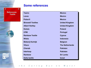 Some references

References   Yasiro               Mexico
   Textile    Yasiro               Mexico
             Lavex
              Lavex               Mexico
                                   Mexico
             Polacril
              Polacril            Mexico
                                   Mexico
             Binswell Textiles
              Binswell Textiles   United Kingdom
                                   United Kingdom
             Albert Hartley
              Albert Hartley      United Kingdom
                                   United Kingdom
             Dolwis
              Dolwis              Poland
                                   Poland
             CPM
              CPM                 Portugal
                                   Portugal
             Rainbow Textile
              Rainbow Textile     Cyprus
                                   Cyprus
             Wiska
              Wiska               Indonesia
                                   Indonesia
             Blekerij Kortrijk
              Blekerij Kortrijk   Belgium
                                   Belgium
             Vlisco
              Vlisco              The Netherlands
                                   The Netherlands
             Chenab
              Chenab              Pakistan
                                   Pakistan
             Interloop
              Interloop           Pakistan
                                   Pakistan
             Rainbow
              Rainbow             Sri Lanka
                                   Sri Lanka
             Delta textile
              Delta textile       Isreal
                                   Isreal
 