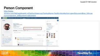 Copyright 2017 IBM Corporation
Person Component
http://www-
10.lotus.com/ldd/appdevwiki.nsf/xpDocViewer.xsp?lookupName=Toolkit+docs#action=openDocument&res_title=pe
rsoncomponent_sbt&content=sdkcontent
 