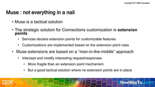 Copyright 2017 IBM Corporation
Muse : not everything in a nail
• Muse is a tactical solution
• The strategic solution for Connections customization is extension
points
• Services declare extension points for customizable features
• Customizations are implemented based on the extension point rules
• Muse extensions are based on a “man-in-the-middle” approach
• Intercept and modify interesting request/responses
• More fragile than an extension point mechanism
• But a good tactical solution where no extension points are in place
 