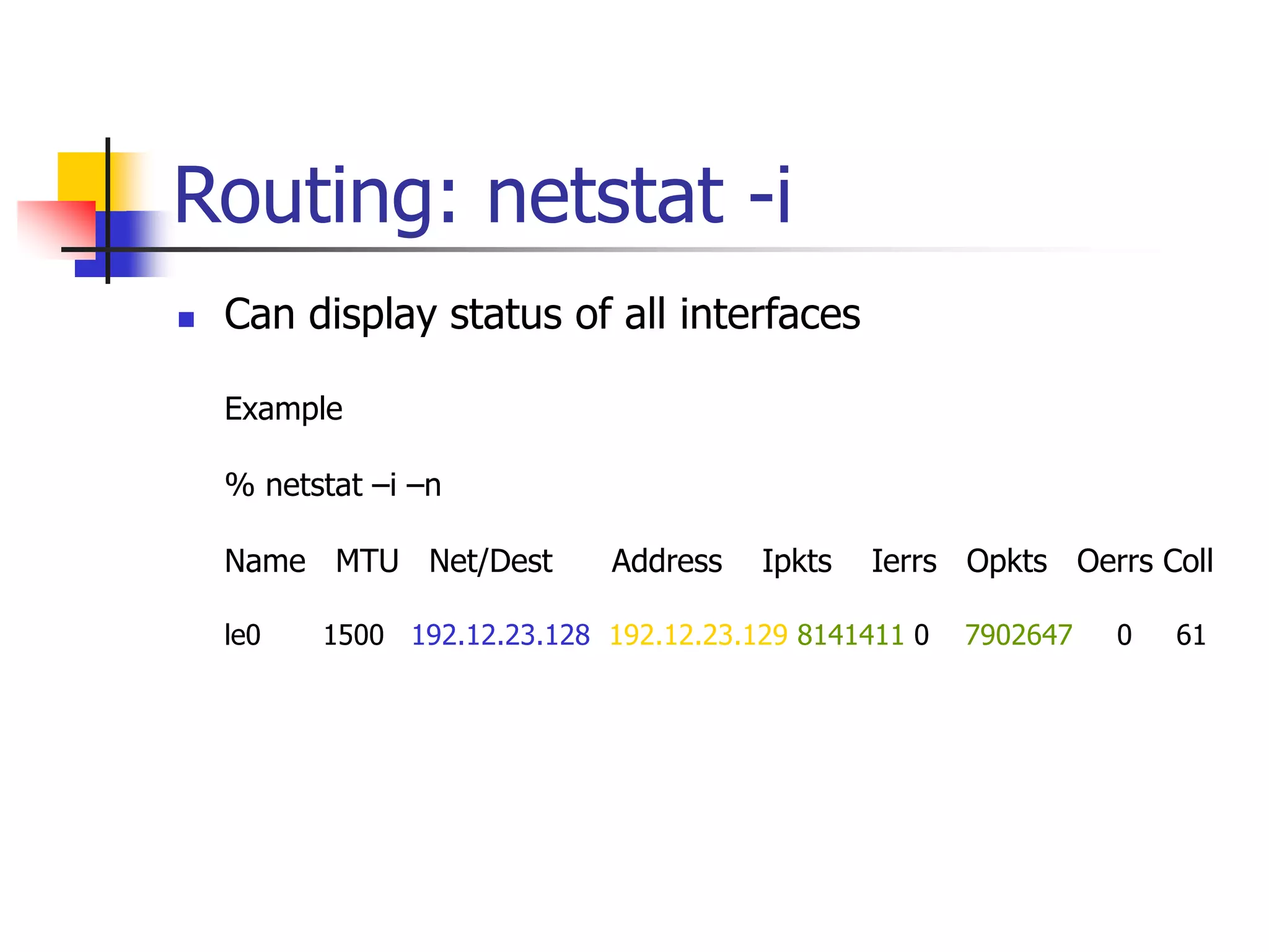 Routing: netstat -i
 Can display status of all interfaces
Example
% netstat –i –n
Name MTU Net/Dest Address Ipkts Ierrs Opkts Oerrs Coll
le0 1500 192.12.23.128 192.12.23.129 8141411 0 7902647 0 61
 