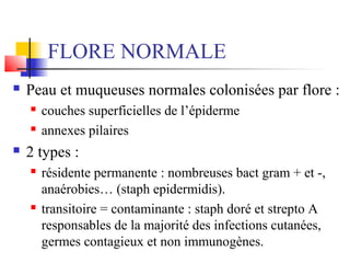 FLORE NORMALE 
 Peau et muqueuses normales colonisées par flore : 
 couches superficielles de l’épiderme 
 annexes pilaires 
 2 types : 
 résidente permanente : nombreuses bact gram + et -, 
anaérobies… (staph epidermidis). 
 transitoire = contaminante : staph doré et strepto A 
responsables de la majorité des infections cutanées, 
germes contagieux et non immunogènes. 
 