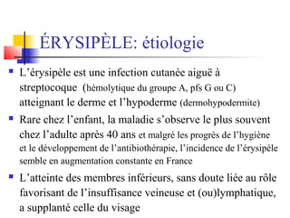 ÉRYSIPÈLE: étiologie 
 L’érysipèle est une infection cutanée aiguë à 
streptocoque (hémolytique du groupe A, pfs G ou C) 
atteignant le derme et l’hypoderme (dermohypodermite) 
 Rare chez l’enfant, la maladie s’observe le plus souvent 
chez l’adulte après 40 ans et malgré les progrès de l’hygiène 
et le développement de l’antibiothérapie, l’incidence de l’érysipèle 
semble en augmentation constante en France 
 L’atteinte des membres inférieurs, sans doute liée au rôle 
favorisant de l’insuffisance veineuse et (ou)lymphatique, 
a supplanté celle du visage 
 