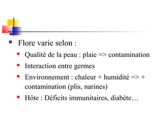  Flore varie selon : 
 Qualité de la peau : plaie => contamination 
 Interaction entre germes 
 Environnement : chaleur + humidité => + 
contamination (plis, narines) 
 Hôte : Déficits immunitaires, diabète… 
 