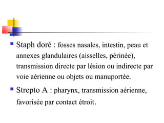  Staph doré : fosses nasales, intestin, peau et 
annexes glandulaires (aisselles, périnée), 
transmission directe par lésion ou indirecte par 
voie aérienne ou objets ou manuportée. 
 Strepto A : pharynx, transmission aérienne, 
favorisée par contact étroit. 
 