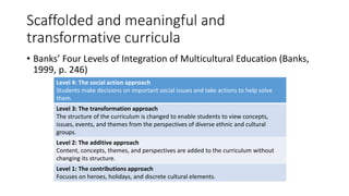 Scaffolded and meaningful and
transformative curricula
• Banks’ Four Levels of Integration of Multicultural Education (Banks,
1999, p. 246)
Level 4: The social action approach
Students make decisions on important social issues and take actions to help solve
them.
Level 3: The transformation approach
The structure of the curriculum is changed to enable students to view concepts,
issues, events, and themes from the perspectives of diverse ethnic and cultural
groups.
Level 2: The additive approach
Content, concepts, themes, and perspectives are added to the curriculum without
changing its structure.
Level 1: The contributions approach
Focuses on heroes, holidays, and discrete cultural elements.
 
