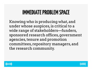 IMMEDIATE PROBLEM SPACE 
Knowing who is producing what, and 
under whose auspices, is critical to a 
wide range of stakeholders—funders, 
sponsored research offices, government 
agencies, tenure and promotion 
committees, repository managers, and 
the research community. 
 