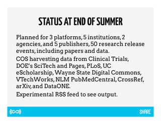 STATUS AT END OF SUMMER 
Planned for 3 platforms, 5 institutions, 2 
agencies, and 5 publishers, 50 research release 
events, including papers and data. 
COS harvesting data from Clinical Trials, 
DOE’s SciTech and Pages, PLoS, UC 
eScholarship, Wayne State Digital Commons, 
VTechWorks, NLM PubMedCentral, CrossRef, 
arXiv, and DataONE. 
Experimental RSS feed to see output. 
 