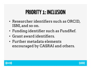 PRIORITY 1: INCLUSION 
• Researcher identifiers such as ORCID, 
ISNI, and so on. 
• Funding identifier such as FundRef. 
• Grant award identifiers. 
• Further metadata elements 
encouraged by CASRAI and others. 
 
