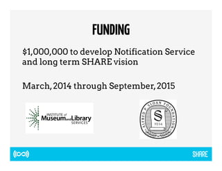 FUNDING 
$1,000,000 to develop Notification Service 
and long term SHARE vision 
March, 2014 through September, 2015 
 