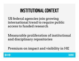 INSTITUTIONAL CONTEXT 
US federal agencies join growing 
international trend to require public 
access to funded research 
Measurable proliferation of institutional 
and disciplinary repositories 
Premium on impact and visibility in HE 
 