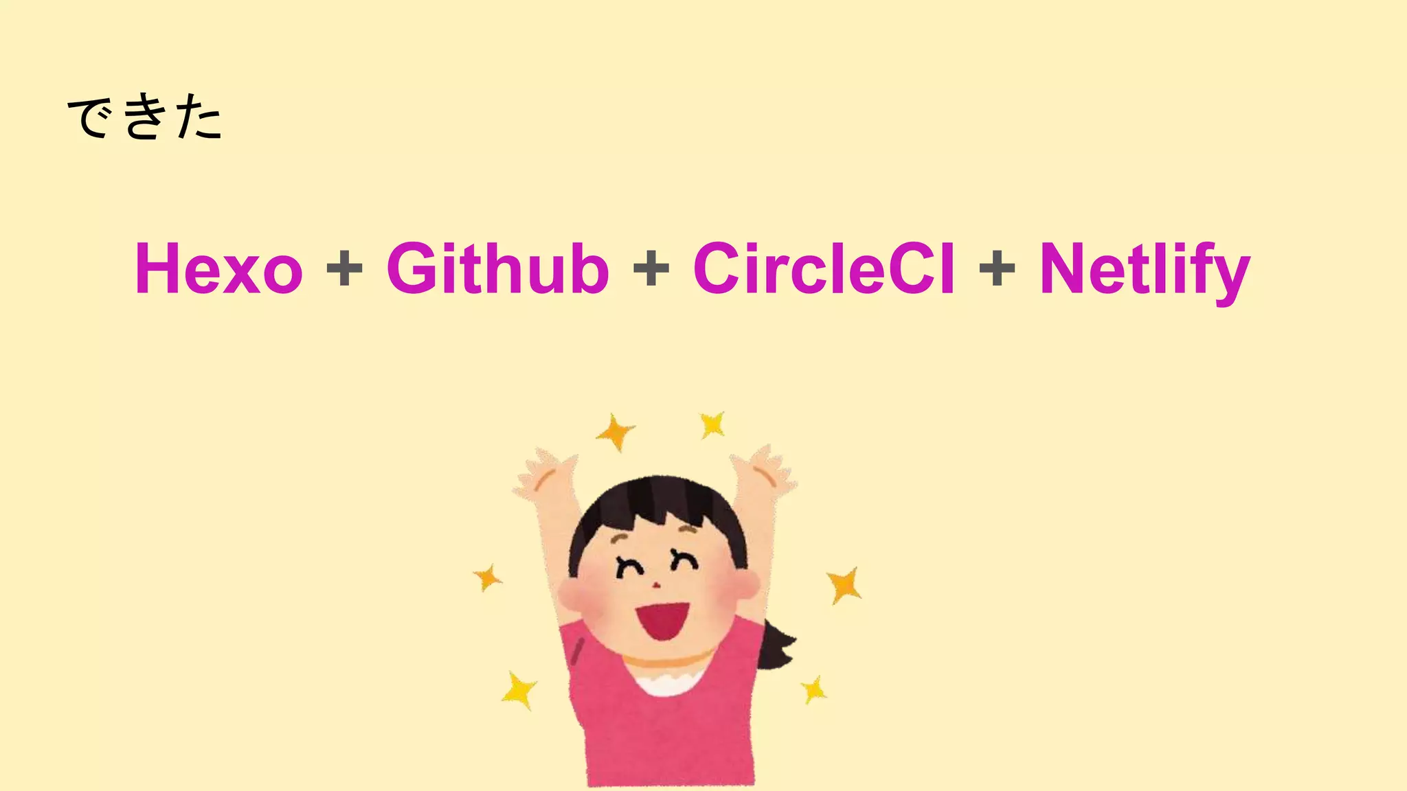 できた
Hexo + Github + CircleCI + Netlify
 