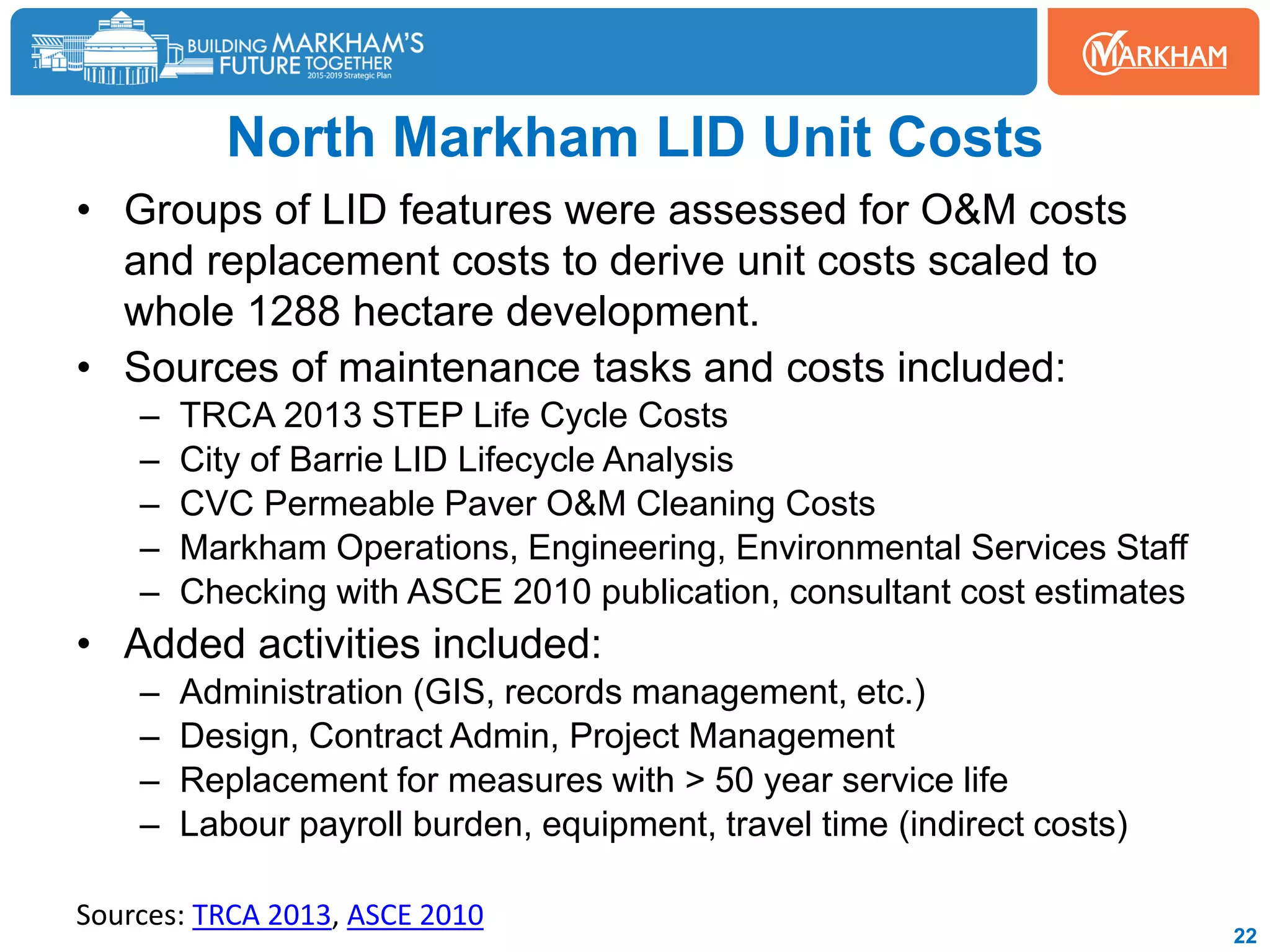 North Markham LID Unit Costs
• Groups of LID features were assessed for O&M costs
and replacement costs to derive unit costs scaled to
whole 1288 hectare development.
• Sources of maintenance tasks and costs included:
– TRCA 2013 STEP Life Cycle Costs
– City of Barrie LID Lifecycle Analysis
– CVC Permeable Paver O&M Cleaning Costs
– Markham Operations, Engineering, Environmental Services Staff
– Checking with ASCE 2010 publication, consultant cost estimates
• Added activities included:
– Administration (GIS, records management, etc.)
– Design, Contract Admin, Project Management
– Replacement for measures with > 50 year service life
– Labour payroll burden, equipment, travel time (indirect costs)
22
Sources: TRCA 2013, ASCE 2010
 