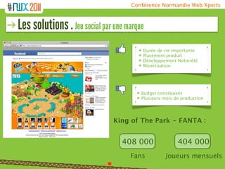 Conférence Normandie Web Xperts



Les solutions . Jeu social par une marque
                                       ๏   Durée de vie importante
                                       ๏   Placement produit
                                       ๏   Développement Notoriété
                                       ๏   Monétisation




                                      ๏ Budget conséquent
                                      ๏ Plusieurs mois de production




                               King of The Park - FANTA :


                                 408 000                 404 000
                                    Fans            Joueurs mensuels
 