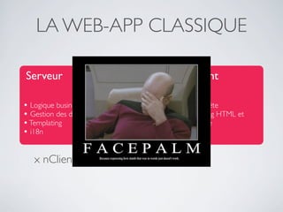 LA WEB-APP CLASSIQUE

Serveur                         Client
                        HTML
• Logique business             • Requête
• Gestion des données          • Parsing HTML et
• Templating                   afﬁchage
• i18n

   x nClients
 