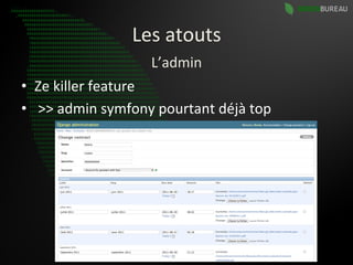 Les	
  atouts	
  
                              L’admin	
  
•  Ze	
  killer	
  feature	
  
•  	
  >>	
  admin	
  symfony	
  pourtant	
  déjà	
  top	
  
 