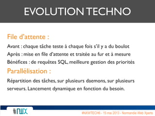 EVOLUTION TECHNO
File d’attente :
Avant : chaque tâche teste à chaque fois s’il y a du boulot
Après : mise en ﬁle d’attente et traitée au fur et à mesure
Bénéﬁces : de requêtes SQL, meilleure gestion des priorités
Parallélisation :
Répartition des tâches, sur plusieurs daemons, sur plusieurs
serveurs. Lancement dynamique en fonction du besoin.
#NXWTECH6 - 15 mai 2013 - Normandie Web Xperts
 