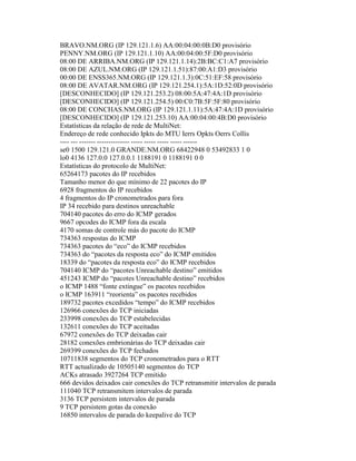BRAVO.NM.ORG (IP 129.121.1.6) AA:00:04:00:0B:D0 provisório 
PENNY.NM.ORG (IP 129.121.1.10) AA:00:04:00:5F:D0 provisório 
08:00 DE ARRIBA.NM.ORG (IP 129.121.1.14):2B:BC:C1:A7 provisório 
08:00 DE AZUL.NM.ORG (IP 129.121.1.51):87:00:A1:D3 provisório 
00:00 DE ENSS365.NM.ORG (IP 129.121.1.3):0C:51:EF:58 provisório 
08:00 DE AVATAR.NM.ORG (IP 129.121.254.1):5A:1D:52:0D provisório 
[DESCONHECIDO] (IP 129.121.253.2) 08:00:5A:47:4A:1D provisório 
[DESCONHECIDO] (IP 129.121.254.5) 00:C0:7B:5F:5F:80 provisório 
08:00 DE CONCHAS.NM.ORG (IP 129.121.1.11):5A:47:4A:1D provisório 
[DESCONHECIDO] (IP 129.121.253.10) AA:00:04:00:4B:D0 provisório 
Estatísticas da relação de rede de MultiNet: 
Endereço de rede conhecido Ipkts do MTU Ierrs Opkts Oerrs Collis 
---- --- ------- -------------- ----- ----- ----- ----- ------ 
se0 1500 129.121.0 GRANDE.NM.ORG 68422948 0 53492833 1 0 
lo0 4136 127.0.0 127.0.0.1 1188191 0 1188191 0 0 
Estatísticas do protocolo de MultiNet: 
65264173 pacotes do IP recebidos 
Tamanho menor do que mínimo de 22 pacotes do IP 
6928 fragmentos do IP recebidos 
4 fragmentos do IP cronometrados para fora 
IP 34 recebido para destinos unreachable 
704140 pacotes do erro do ICMP gerados 
9667 opcodes do ICMP fora da escala 
4170 somas de controle más do pacote do ICMP 
734363 respostas do ICMP 
734363 pacotes do “eco” do ICMP recebidos 
734363 do “pacotes da resposta eco” do ICMP emitidos 
18339 do “pacotes da resposta eco” do ICMP recebidos 
704140 ICMP do “pacotes Unreachable destino” emitidos 
451243 ICMP do “pacotes Unreachable destino” recebidos 
o ICMP 1488 “fonte extingue” os pacotes recebidos 
o ICMP 163911 “reorienta” os pacotes recebidos 
189732 pacotes excedidos “tempo” do ICMP recebidos 
126966 conexões do TCP iniciadas 
233998 conexões do TCP estabelecidas 
132611 conexões do TCP aceitadas 
67972 conexões do TCP deixadas cair 
28182 conexões embrionárias do TCP deixadas cair 
269399 conexões do TCP fechados 
10711838 segmentos do TCP cronometrados para o RTT 
RTT actualizado de 10505140 segmentos do TCP 
ACKs atrasado 3927264 TCP emitido 
666 devidos deixados cair conexões do TCP retransmitir intervalos de parada 
111040 TCP retransmitem intervalos de parada 
3136 TCP persistem intervalos de parada 
9 TCP persistem gotas da conexão 
16850 intervalos de parada do keepalive do TCP  