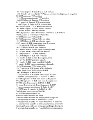 1195 pontas de prova do keepalive do TCP emitidas 
14392 deixados cair conexões do TCP devido aos intervalos de parada do keepalive 
28842663 pacotes do TCP emitidos 
12714484 pacotes de dados do TCP emitidos 
1206060086 bytes de dados do TCP emitidos 
58321 pacotes de dados do TCP retransmitidos 
22144036 bytes de dados do TCP retransmitidos 
6802199 pacotes do TCP ACK-somente emitidos 
1502 pontas de prova da janela do TCP emitidas 
483 pacotes do TCP URG-only emitidos 
8906175 pacotes da Janela-Actualização-somente do TCP emitidos 
359509 pacotes de controle do TCP emitidos 
38675084 pacotes do TCP recebidos 
28399363 pacotes do TCP recebidos em ordem 
1929418386 bytes do TCP recebidos em ordem 
25207 pacotes do TCP com erros da soma de controle 
273374 pacotes do TCP eram duplicatas 
230525708 bytes do TCP eram duplicatas 
3748 pacotes do TCP tiveram alguns bytes duplicados 
493214 bytes do TCP eram duplicatas parciais 
2317156 pacotes do TCP eram avariados 
3151204672 bytes do TCP eram avariados 
1915 pacotes do TCP tiveram dados após a janela 
865443 bytes do TCP eram após a janela 
5804 pacotes do TCP para a conexão já fechado 
941 pacotes do TCP eram pontas de prova da janela 
10847459 pacotes do TCP tiveram ACKs 
222657 pacotes do TCP tiveram ACKs duplicado 
1 dados unsent de ACKed do pacote do TCP 
1200274739 bytes ACKed do TCP 
141545 pacotes do TCP tiveram actualizações da janela 
13 deixados cair segmentos do TCP devido às PATAS 
4658158 segmentos do TCP eram puros-ACKs previsto 
24033756 segmentos do TCP eram puro-dados previstos 
8087980 faltas de esconderijo do PWB do TCP 
305 somas de controle más do encabeçamento do UDP 
17 campos maus do comprimento de dados do UDP 
23772272 faltas de esconderijo do PWB do UDP 
Estatísticas do amortecedor de MultiNet: 
388 de 608 amortecedores no uso: 
30 amortecedores alocados aos dados. 
10 amortecedores alocados aos encabeçamentos de pacote. 
66 amortecedores alocados às estruturas do soquete. 
57 amortecedores alocados aos blocos de controle do protocolo. 
163 amortecedores alocados às entradas de tabela do roteamento. 
2 amortecedores alocados aos nomes e aos endereços do soquete. 
48 amortecedores alocados aos Forquilha-Processos da semente.  