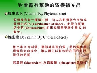 對骨骼有幫助的營養補充品   維生素 K (Vitamin K 1 , Phytonadione)  骨頭裡含有一種蛋白質，可以和鈣質結合而造成 骨頭的鈣化 (Calcification of Bone) 。此蛋白質幫 助骨鈣 (Osteocalcium) 的形成則需要維生素 K 1 的 幫忙。 維生素 D(Vitamin D 3 , Cholecalciferol)  維生素 D 可刺激、調節某些蛋白質，將鈣質由腸 道傳送到血液中，讓人體可以有效的利用我們所 提供的鈣質 刺激鎂 (Magnesium) 及磷酸鹽  (phosphate) 的吸收  