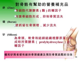 對骨骼有幫助的營養補充品   鋅  (Zinc) 硼  (Boron) 矽  (Silicon) 硼和矽兩者都有維持骨頭健康及預防骨質疏鬆的功效  骨細胞代謝酵素 ( 酶 ) 的輔因子   刺激骨細胞形成，抑制骨質流失   使鈣留在骨頭理，減少流失   為骨頭、軟骨和結締組織裡膠原蛋白形 成時所需酵素（ prolyhydroxylase ）的 輔因子 