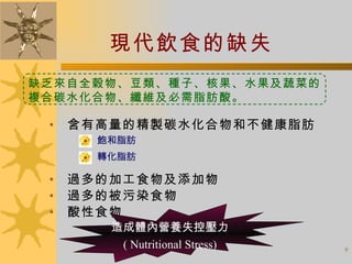 現代飲食的缺失 含有高量的精製碳水化合物和不健康脂肪 過多的加工食物及添加物 過多的被污染食物 酸性食物 飽和脂肪 轉化脂肪 造成體內營養失控壓力 ( Nutritional Stress) 缺乏來自全穀物、豆類、種子、核果、水果及蔬菜的複合碳水化合物、纖維及必需脂肪酸。 