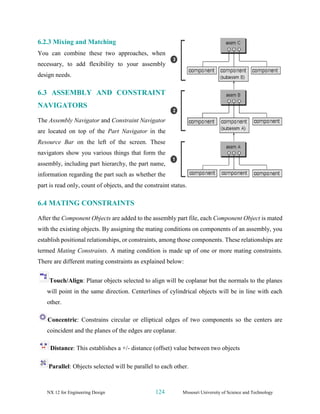 NX 12 for Engineering Design 124 Missouri University of Science and Technology
6.2.3 Mixing and Matching
You can combine these two approaches, when
necessary, to add flexibility to your assembly
design needs.
6.3 ASSEMBLY AND CONSTRAINT
NAVIGATORS
The Assembly Navigator and Constraint Navigator
are located on top of the Part Navigator in the
Resource Bar on the left of the screen. These
navigators show you various things that form the
assembly, including part hierarchy, the part name,
information regarding the part such as whether the
part is read only, count of objects, and the constraint status.
6.4 MATING CONSTRAINTS
After the Component Objects are added to the assembly part file, each Component Object is mated
with the existing objects. By assigning the mating conditions on components of an assembly, you
establish positional relationships, or constraints, among those components. These relationships are
termed Mating Constraints. A mating condition is made up of one or more mating constraints.
There are different mating constraints as explained below:
Touch/Align: Planar objects selected to align will be coplanar but the normals to the planes
will point in the same direction. Centerlines of cylindrical objects will be in line with each
other.
Concentric: Constrains circular or elliptical edges of two components so the centers are
coincident and the planes of the edges are coplanar.
Distance: This establishes a +/- distance (offset) value between two objects
Parallel: Objects selected will be parallel to each other.
 