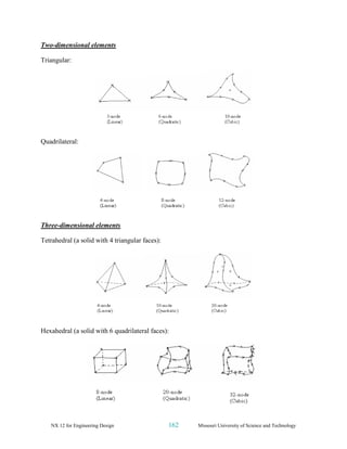 NX 12 for Engineering Design 162 Missouri University of Science and Technology
Two-dimensional elements
Triangular:
Quadrilateral:
Three-dimensional elements
Tetrahedral (a solid with 4 triangular faces):
Hexahedral (a solid with 6 quadrilateral faces):
 