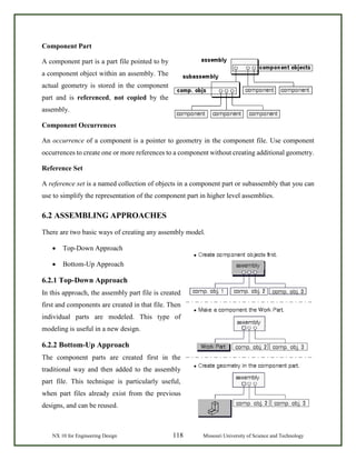 NX 10 for Engineering Design 118 Missouri University of Science and Technology
Component Part
A component part is a part file pointed to by
a component object within an assembly. The
actual geometry is stored in the component
part and is referenced, not copied by the
assembly.
Component Occurrences
An occurrence of a component is a pointer to geometry in the component file. Use component
occurrences to create one or more references to a component without creating additional geometry.
Reference Set
A reference set is a named collection of objects in a component part or subassembly that you can
use to simplify the representation of the component part in higher level assemblies.
6.2 ASSEMBLING APPROACHES
There are two basic ways of creating any assembly model.
• Top-Down Approach
• Bottom-Up Approach
6.2.1 Top-Down Approach
In this approach, the assembly part file is created
first and components are created in that file. Then
individual parts are modeled. This type of
modeling is useful in a new design.
6.2.2 Bottom-Up Approach
The component parts are created first in the
traditional way and then added to the assembly
part file. This technique is particularly useful,
when part files already exist from the previous
designs, and can be reused.
 