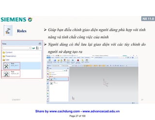 Roles  Giúp bạn điều chỉnh giao diện người dùng phù hợp với tính
năng và tính chất công việc của mình
 Người dùng có thể lưu lại giao diện với các tùy chỉnh do
người sử dụng tạo ra
1/16/2017 27
Page 27 of 100
Share by www.cachdung.com - www.advancecad.edu.vn
 