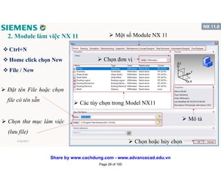 2. Module làm việc NX 11
v Ctrl+N
v Home click chọn New
v File / New
 Đặt tên File hoặc chọn
file có tên sẵn
 Chọn thư mục làm việc
(lưu file)
 Một số Module NX 11
 Chọn đơn vị
 Mô tả
 Các tùy chọn trong Model NX11
 Chọn hoặc hủy chọn1/16/2017 28
Page 28 of 100
Share by www.cachdung.com - www.advancecad.edu.vn
 