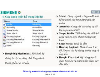 4. Các dạng thiết kế trong Model  Model: Cung cấp các công cụ để thiết
kế và chỉnh sửa hình dạng của sản
phẩm
 Assembly: Cung cấp các công cụ để
lắp ráp cụm chi tiết
 Shape Studio: Thiết kế tự do, thiết kế
công nghiệp theo phương pháp nặn
hình
 Sheet Metal: Thiết kế tấm
 Routing Logiccal: Thiết kế mạch sơ
đồ 2D cho các hệ thống đường ống và
ống dẫn
 Rought Electrical: Hệ thống mạch
điện, tín hiệu va thành phần điện, dây
dẫn điện
 Roughting Mechanical: Xác định hệ
thống lực ép do dòng chất lỏng và các
thành phần của cơ cấu1/16/2017 31
Page 31 of 100
Share by www.cachdung.com - www.advancecad.edu.vn
 