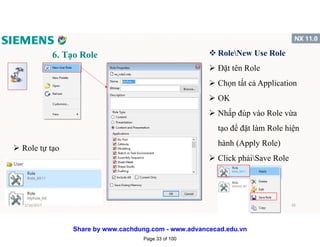 6. Tạo Role v RoleNew Use Role
 Đặt tên Role
 Chọn tất cả Application
 OK
 Nhấp đúp vào Role vừa
tạo để đặt làm Role hiện
hành (Apply Role)
 Click phảiSave Role
 Role tự tạo
1/16/2017 33
Page 33 of 100
Share by www.cachdung.com - www.advancecad.edu.vn
 