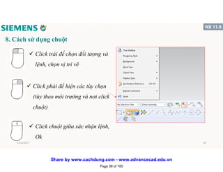 8. Cách sử dụng chuột
 Click trái để chọn đối tượng và
lệnh, chọn vị trí vẽ
 Click phải để hiện các tùy chọn
(tùy theo môi trường và nơi click
chuột)
 Click chuột giữa xác nhận lệnh,
Ok
1/16/2017 38
Page 38 of 100
Share by www.cachdung.com - www.advancecad.edu.vn
 