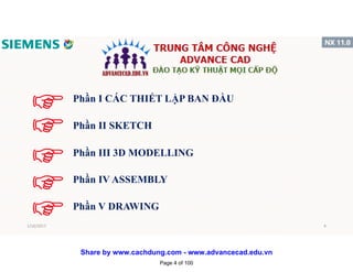 Phần I CÁC THIẾT LẬP BAN ĐẦU
Phần II SKETCH
Phần III 3D MODELLING
Phần IV ASSEMBLY
Phần V DRAWING
1/16/2017 4
Page 4 of 100
Share by www.cachdung.com - www.advancecad.edu.vn
 