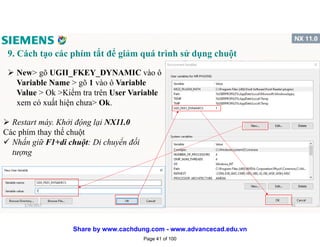 9. Cách tạo các phím tắt để giảm quá trình sử dụng chuột
 New> gõ UGII_FKEY_DYNAMIC vào ô
Variable Name > gõ 1 vào ô Variable
Value > Ok >Kiểm tra trên User Variable
xem có xuất hiện chưa> Ok.
 Restart máy. Khởi động lại NX11.0
Các phím thay thế chuột
 Nhấn giữ F1+di chuột: Di chuyển đối
tượng
1/16/2017 41
Page 41 of 100
Share by www.cachdung.com - www.advancecad.edu.vn
 