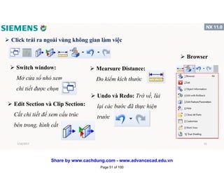  Click trái ra ngoài vùng không gian làm việc
 Switch window:
Mở cửa sổ nhỏ xem
chi tiết được chọn
 Edit Section và Clip Section:
Cắt chi tiết để xem cấu trúc
bên trong, hình cắt
 Mearsure Distance:
Đo kiểm kích thước
 Browser
 Undo và Redo: Trờ về, lùi
lại các bước đã thực hiện
trước
1/16/2017 51
Page 51 of 100
Share by www.cachdung.com - www.advancecad.edu.vn
 