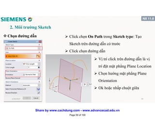 2. Môi trường Sketch
v Chọn đường dẫn  Click chọn On Path trong Sketch type: Tạo
Sketch trên đường dẫn có trước
 Click chọn đường dẫn
 Vị trí click trên đường dẫn là vị
trí đặt mặt phẳng Plane Location
 Chọn hướng mặt phẳng Plane
Orientation
 Ok hoặc nhấp chuột giữa
1/16/2017 59
Page 59 of 100
Share by www.cachdung.com - www.advancecad.edu.vn
 
