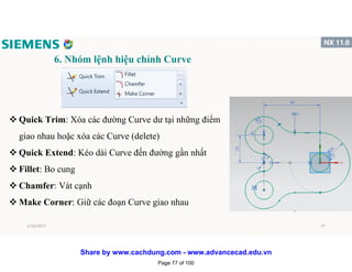 6. Nhóm lệnh hiệu chỉnh Curve
v Quick Trim: Xóa các đường Curve dư tại những điểm
giao nhau hoặc xóa các Curve (delete)
v Quick Extend: Kéo dài Curve đến đường gần nhất
v Fillet: Bo cung
v Chamfer: Vát cạnh
v Make Corner: Giữ các đoạn Curve giao nhau
1/16/2017 77
Page 77 of 100
Share by www.cachdung.com - www.advancecad.edu.vn
 
