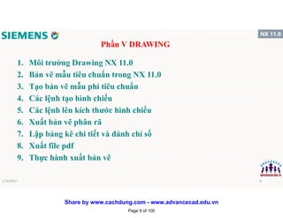 Phần V DRAWING
1. Môi trường Drawing NX 11.0
2. Bản vẽ mẫu tiêu chuẩn trong NX 11.0
3. Tạo bản vẽ mẫu phi tiêu chuẩn
4. Các lệnh tạo hình chiếu
5. Các lệnh lên kích thước hình chiếu
6. Xuất bản vẽ phân rã
7. Lập bảng kê chi tiết và đánh chỉ số
8. Xuất file pdf
9. Thực hành xuất bản vẽ
1/16/2017 9
Page 9 of 100
Share by www.cachdung.com - www.advancecad.edu.vn
 
