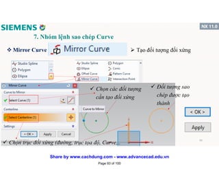 7. Nhóm lệnh sao chép Curve
v Mirror Curve  Tạo đối tượng đối xứng
 Chọn các đối tượng
cần tạo đối xứng
 Chọn trục đối xứng (đường, trục tọa độ, Curve,..
 Đối tượng sao
chép được tạo
thành
1/16/2017 93
Page 93 of 100
Share by www.cachdung.com - www.advancecad.edu.vn
 