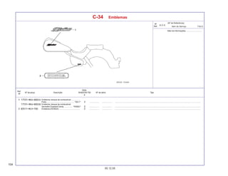 104
05.12.05
Nº da peça Descrição Nº de série Tipo
Qtde.
SHADOW750
6
Ref.
Nº
T.M.O.
Nº
Ref.
N.O.S.
Item de Serviço
(Nº de Referência)
Emblema, tanque de combustível ................
Preto ................................................. *NH-1* ................. .................. .........................................................................................................................................................
Emblema, tanque de combustível
Vermelho Guaraná Candy ............... *R306C* ................. .................. .........................................................................................................................................................
Emblema (HONDA) ..................................... ................. .................. .........................................................................................................................................................
C-34 Emblemas
Não há informações .............................
 