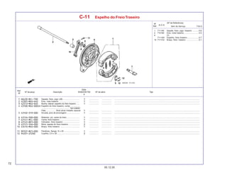 72
05.12.05
Nº da peça Descrição Nº de série Tipo
Qtde.
SHADOW750
6
Ref.
Nº
T.M.O.
Nº
Ref.
N.O.S.
Item de Serviço
(Nº de Referência)
C-11 Espelho do FreioTraseiro
Sapata, freio, jogo (JB) ............................. ................. .................. .........................................................................................................................................................
Eixo, roda traseira ..................................... ................. .................. .........................................................................................................................................................
Bucha, lateral, espelho do freio traseiro ...... ................. .................. .........................................................................................................................................................
Espelho do freio traseiro, comp. ................
................................................ *NH109MS*
Freio ................. Shot silver metallic special ................. .................. .........................................................................................................................................................
Arruela, pino de ancoragem ....................... ................. .................. .........................................................................................................................................................
Retentor, pó, came do freio ....................... ................. .................. .........................................................................................................................................................
Came, freio traseiro .................................... ................. .................. .........................................................................................................................................................
Indicador, freio traseiro ............................. ................. .................. .........................................................................................................................................................
Mola, sapata do freio traseiro .................... ................. .................. .........................................................................................................................................................
Braço, freio traseiro ................................... ................. .................. .........................................................................................................................................................
Parafuso, flange, 8 x 25 ............................ ................. .................. .........................................................................................................................................................
Cupilha, 2,5 x 20 ........................................ ................. .................. .........................................................................................................................................................
1 711140 Sapata, freio, jogo: traseiro ........... 0,6
2 710160 Eixo, roda traseira .......................... 0,5
4 (7)
7111A9 Espelho, freio traseiro .................... 0,7
10 7111C4 Braço, freio: traseiro ...................... 0,1
 