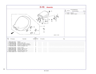 80
05.12.05
Nº da peça Descrição Nº de série Tipo
Qtde.
SHADOW750
6
Ref.
Nº
T.M.O.
Nº
Ref.
N.O.S.
Item de Serviço
(Nº de Referência)
C-15 Assento
2 413150 Assento .......................................... 0,1
5 413154 Assento: traseiro ............................ 0,1
Refletor ....................................................... ................. .................. .........................................................................................................................................................
Assento, piloto, conj. ................................. ................. .................. .........................................................................................................................................................
Borracha B, fixação do assento ................ ................. .................. .........................................................................................................................................................
Borracha B, limitadora do assento ............ ................. .................. .........................................................................................................................................................
Assento, passageiro, conj. ........................ ................. .................. .........................................................................................................................................................
Suporte, refletor ......................................... ................. .................. .........................................................................................................................................................
Parafuso, especial, 6 mm .......................... ................. .................. .........................................................................................................................................................
Parafuso, Allen, 8 x 16 .............................. ................. .................. .........................................................................................................................................................
Porca-cega, flange, 5 mm .......................... ................. .................. .........................................................................................................................................................
Parafuso, flange, 6 x 14 ............................ ................. .................. .........................................................................................................................................................
 