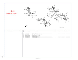 (18) 94101-08700 Arruela Lisa, 8 mm........................................................................... 4 .............. ..................... .......................
19 94201-16150 Cupilha, 1,6...................................................................................... 4 .............. ..................... .......................
20 95015-81000 Pino Articulação, Pedal Apoio Tras. ................................................ 2 .............. ..................... .......................
21 95700-12028-00 Parafuso Flange, 12 x 28................................................................. 2 .............. ..................... .......................
22 95700-08025-07 Parafuso Flange, 8 x 25................................................................... 2 .............. ..................... .......................
23 95700-08028-07 Parafuso Flange, 8 x 28................................................................... 2 .............. ..................... .......................
Ref.
Item de serviço T.M.O. Nº da peça Descrição NX350 Nota Nº de série
Nº
C-19
Pedal de Apoio
82
01.10.99
 