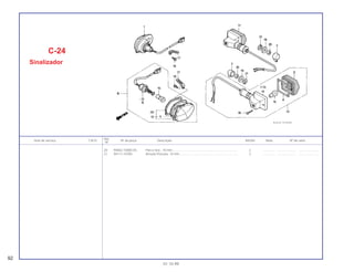 20 94002-10000-0S Porca Sex., 10 mm........................................................................... 2 .............. ..................... .......................
21 94111-10700 Arruela Pressão, 10 mm .................................................................. 2 .............. ..................... .......................
Ref.
Item de serviço T.M.O. Nº da peça Descrição NX350 Nota Nº de série
Nº
C-24
Sinalizador
92
01.10.99
 