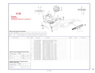 107
Ref.
Item de serviço T.M.O. Nº da peça Descrição NX350 Nota Nº de série
Nº
1 61103-KAS-900ZA Emblema, Pára-lama Dianteiro, *Tipo I* .......................................... 1 .............. ..................... .......................
61103-KAS-900ZB Emblema, Pára-lama Dianteiro, *Tipo II* ......................................... 1 .............. ..................... .......................
2 61322-KAS-900 Faixa, Pára-brisa Dianteiro .............................................................. 1 .............. ..................... .......................
3 64223-KAS-900ZA Faixa A, Carenagem Lat. Dir., *Tipo I*............................................. 1 .............. ..................... .......................
64223-KAS-900ZB Faixa A, Carenagem Lat. Dir., *Tipo II*............................................ 1 .............. ..................... .......................
4 64224-KAS-900ZA Faixa A, Carenagem Lat. Esq., *Tipo I*........................................... 1 .............. ..................... .......................
64224-KAS-900ZB Faixa A, Carenagem Lat. Esq., *Tipo II*.......................................... 1 .............. ..................... .......................
5 64225-KAS-900ZA Faixa B, Carenagem Lat. Dir., *Tipo I*............................................. 1 .............. ..................... .......................
6 64226-KAS-900ZA Faixa B, Carenagem Lat. Esq., *Tipo I*........................................... 1 .............. ..................... .......................
7 64227-KAS-900ZA Faixa C, Carenagem Lat. Dir., *Tipo I* ............................................ 1 .............. ..................... .......................
64227-KAS-900ZB Faixa C, Carenagem Lat. Dir., *Tipo II* ........................................... 1 .............. ..................... .......................
8 64228-KAS-900ZA Faixa C, Carenagem Lat. Esq., *Tipo I*........................................... 1 .............. ..................... .......................
64228-KAS-900ZB Faixa C, Carenagem Lat. Esq., *Tipo II*.......................................... 1 .............. ..................... .......................
* 9 64229-KAS-900ZA Faixa D, Carenagem Lat. Dir., *Tipo I* ............................................ 1 .............. ..................... .......................
* 64229-KAS-900ZB Faixa D, Carenagem Lat. Dir., *Tipo II* ........................................... 1 .............. ..................... .......................
*10 64230-KAS-900ZA Faixa D, Carenagem Lat. Esq., *Tipo I*........................................... 1 .............. ..................... .......................
* 64230-KAS-900ZB Faixa D, Carenagem Lat. Esq., *Tipo II*.......................................... 1 .............. ..................... .......................
*11 64421-KAS-900ZA Emblema, Carenagem Central, *Tipo I* .......................................... 1 .............. ..................... .......................
* 64421-KAS-900ZB Emblema, Carenagem Central, *Tipo II* ......................................... 1 .............. ..................... .......................
12 87119-KV2-910ZD Emblema, Pára-lama Traseiro, *Tipo IV* ......................................... 1 .............. ..................... .......................
C-32
Faixas
(Modelo 91)
(9C2ND0501MR000001~MR006617)
01.10.99
Tabela de Cores do Emblema Pára-lama Traseiro
Tabela de Cores Faixa B, Carenagem Lateral e
Emblema Tampa Lateral
Cor da Moto
Posição
A F
Tipo
NH-196 IV
Branco
Vemelho
Pérola
NH-215M V
Branco
Preto
Pérola
Cor da Moto
Posição
H I
Tipo
NH-196
I Vermelho Branco
NH-215M
Cor da Moto
Posição
A B C D E F G J
Tipo
NH-196 I Vermelho Branco Azul Azul Preto Branco Azul Vermelho
NH-215M II Vermelho
Cinza
Preto Vermelho
Cinza
Branco
Cinza
Prata
Metálico Metálico Metálico
Tabela de Cores para Faixas e Emblemas
 