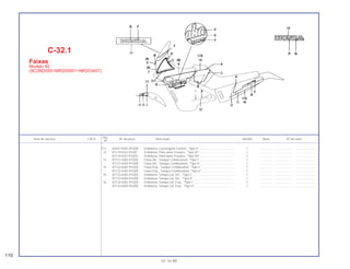 (11) 64421-KAS-910ZB Emblema, Carenagem Central, *Tipo II* ......................................... 1 .............. ..................... .......................
12 87119-KV2-910ZF Emblema, Pára-lama Traseiro, *Tipo VI* ......................................... 1 .............. ..................... .......................
87119-KV2-910ZG Emblema, Pára-lama Traseiro, *Tipo VII* ........................................ 1 .............. ..................... .......................
13 87121-KAS-910ZA Faixa Dir., Tanque Combustível, *Tipo I*......................................... 1 .............. ..................... .......................
87121-KAS-910ZB Faixa Dir., Tanque Combustível, *Tipo II*........................................ 1 .............. ..................... .......................
14 87122-KAS-910ZA Faixa Esq., Tanque Combustível, *Tipo I* ....................................... 1 .............. ..................... .......................
87122-KAS-910ZB Faixa Esq., Tanque Combustível, *Tipo II* ...................................... 1 .............. ..................... .......................
15 87123-KAS-910ZA Emblema, Tampa Lat. Dir., *Tipo I* ................................................. 1 .............. ..................... .......................
87123-KAS-910ZB Emblema, Tampa Lat. Dir., *Tipo II* ................................................ 1 .............. ..................... .......................
16 87124-KAS-910ZA Emblema, Tampa Lat. Esq., *Tipo I*................................................ 1 .............. ..................... .......................
87124-KAS-910ZB Emblema, Tampa Lat. Esq., *Tipo II*............................................... 1 .............. ..................... .......................
Ref.
Item de serviço T.M.O. Nº da peça Descrição NX350 Nota Nº de série
Nº
C-32.1
Faixas
Modelo 92
(9C2ND0501MR200001~NR203407)
110
01.10.99
 