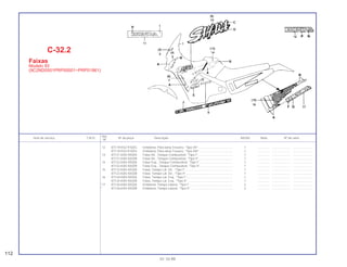 12 87119-KV2-910ZG Emblema, Pára-lama Traseiro, *Tipo VII* ........................................ 1 .............. ..................... .......................
87119-KV2-910ZH Emblema, Pára-lama Traseiro, *Tipo VIII* ....................................... 1 .............. ..................... .......................
13 87121-KAS-920ZA Faixa Dir., Tanque Combustível, *Tipo I*......................................... 1 .............. ..................... .......................
87121-KAS-920ZB Faixa Dir., Tanque Combustível, *Tipo II*........................................ 1 .............. ..................... .......................
14 87122-KAS-920ZA Faixa Esq., Tanque Combustível, *Tipo I* ....................................... 1 .............. ..................... .......................
87122-KAS-920ZB Faixa Esq., Tanque Combustível, *Tipo II* ...................................... 1 .............. ..................... .......................
15 87123-KAS-920ZA Faixa, Tampa Lat. Dir., *Tipo I*........................................................ 1 .............. ..................... .......................
87123-KAS-920ZB Faixa, Tampa Lat. Dir., *Tipo II*....................................................... 1 .............. ..................... .......................
16 87124-KAS-920ZA Faixa, Tampa Lat. Esq., *Tipo I* ...................................................... 1 .............. ..................... .......................
87124-KAS-920ZB Faixa, Tampa Lat. Esq., *Tipo II* ..................................................... 1 .............. ..................... .......................
*17 87126-KAS-920ZA Emblema, Tampa Lateral, *Tipo I*................................................... 2 .............. ..................... .......................
* 87126-KAS-920ZB Emblema, Tampa Lateral, *Tipo II*.................................................. 2 .............. ..................... .......................
Ref.
Item de serviço T.M.O. Nº da peça Descrição NX350 Nota Nº de série
Nº
C-32.2
Faixas
Modelo 93
(9C2ND0501PRP00001~PRP01861)
112
01.10.99
 